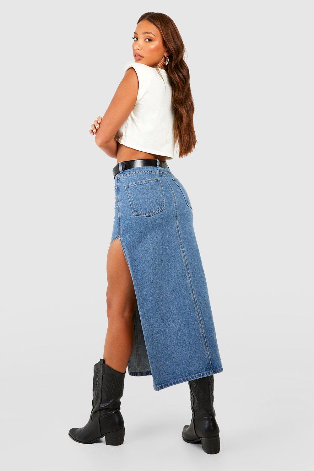 Tall High Waist Thigh Split Denim Midi Skirt